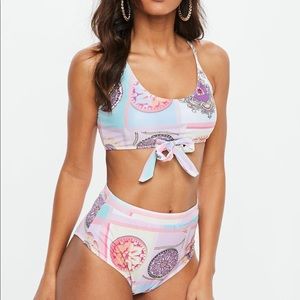 Pink coin print tie front bikini set
